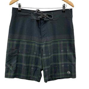 Ocean Current‎ Board Shorts Mens 32 Black Green Plaid Polyester Pockets
